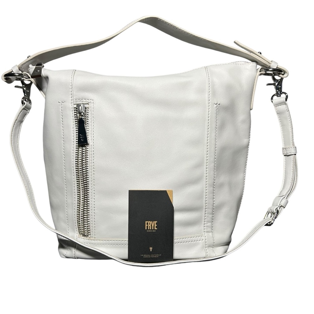 Frye Lena Zip Leather Hobo Bag White Crossbody Shoulder Purse Minimalist - Picture 2 of 16
